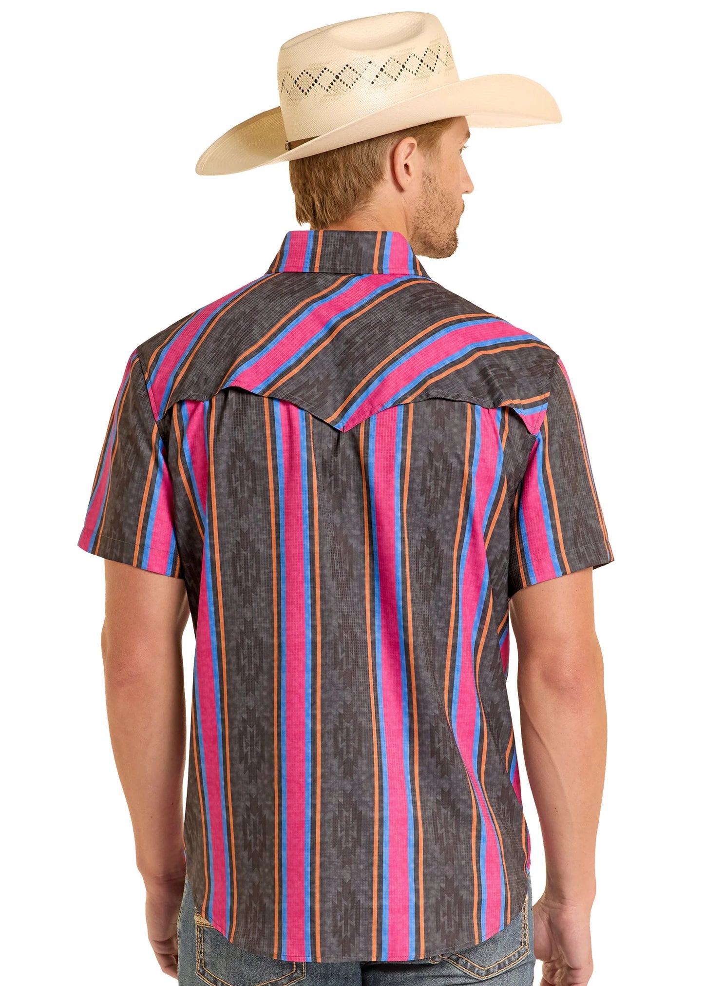 Men's R&R Tek Western Magenta Stripe SS Shirt