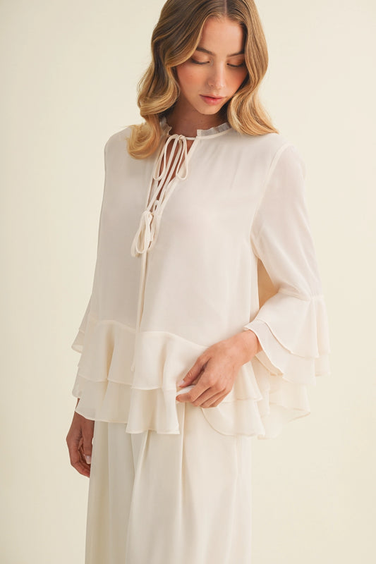 Lace-Up Ruffle Tiered Peplum Blouse