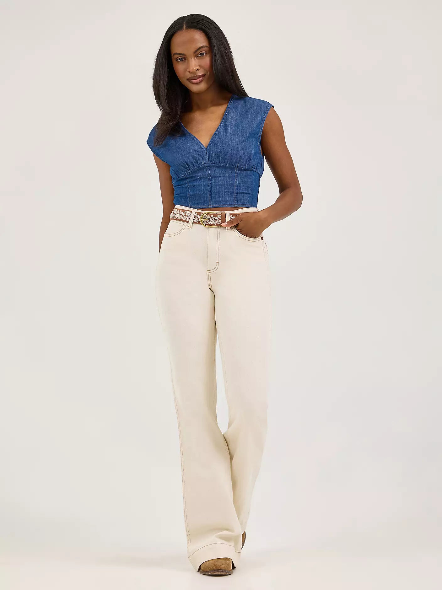 Wrangler Smocked Crop Denim Blouse