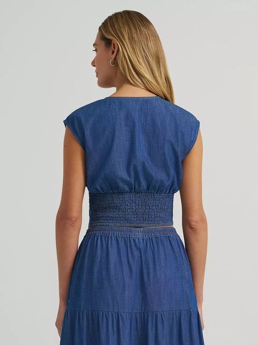 Wrangler Smocked Crop Denim Blouse