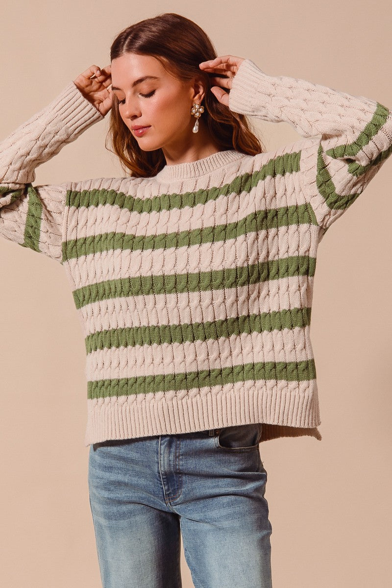 SM Olive Stripe Cable Knit Sweater