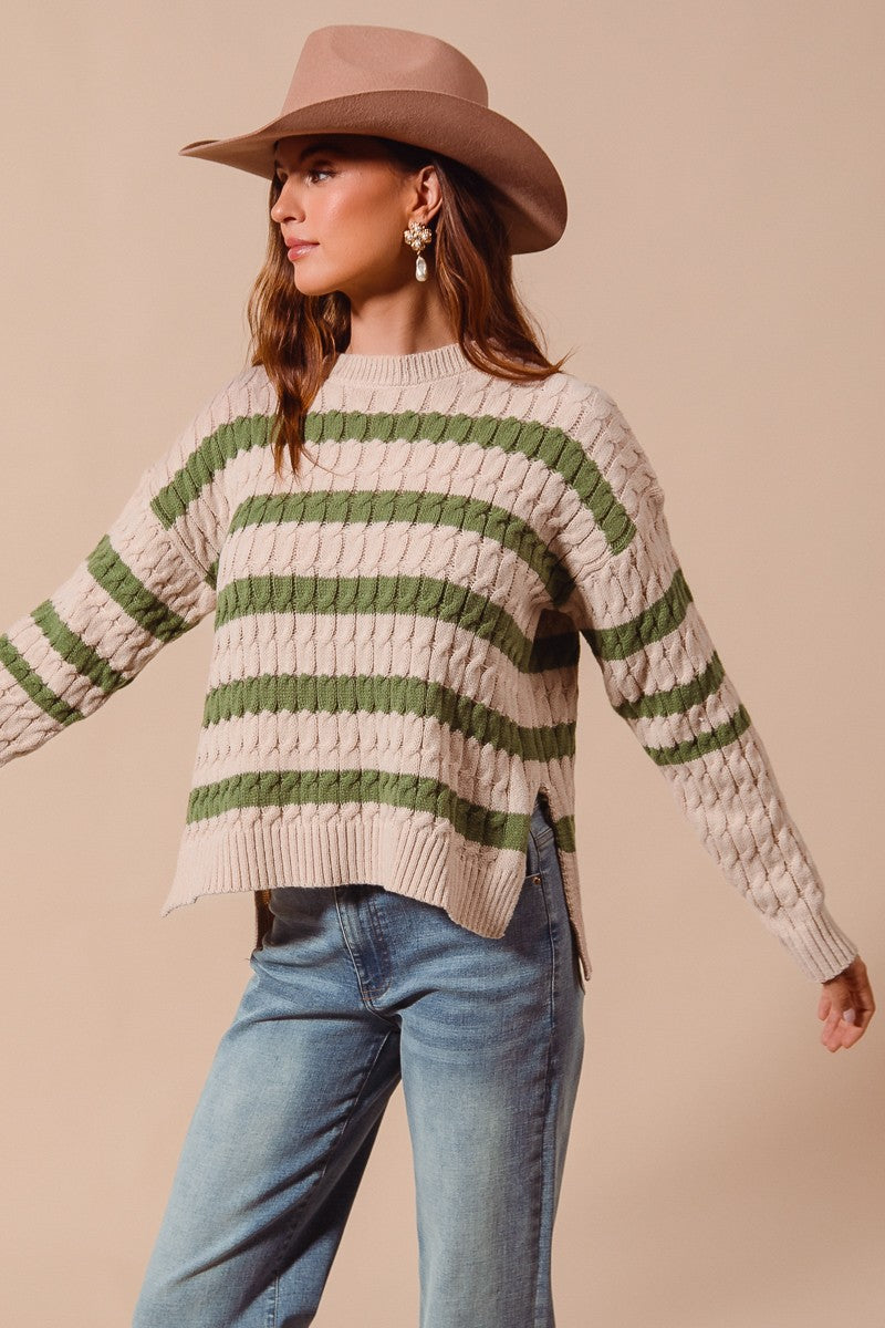 SM Olive Stripe Cable Knit Sweater