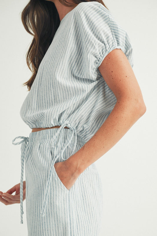 Elle Grey Light Blue Striped Crop Top