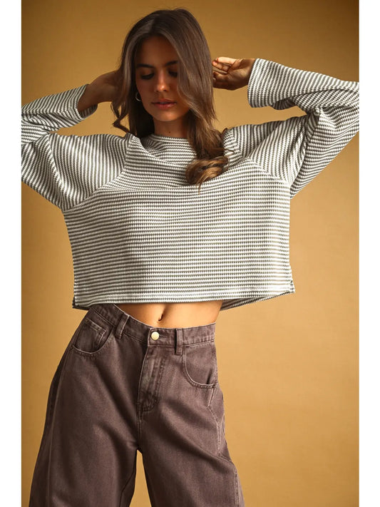 Miou Muse Striped Waffle Long Sleeve Grey
