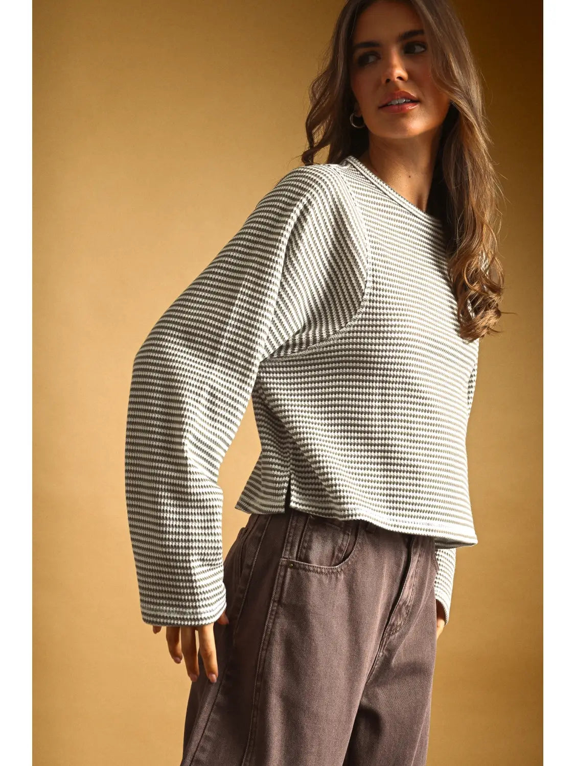 Miou Muse Striped Waffle Long Sleeve Grey