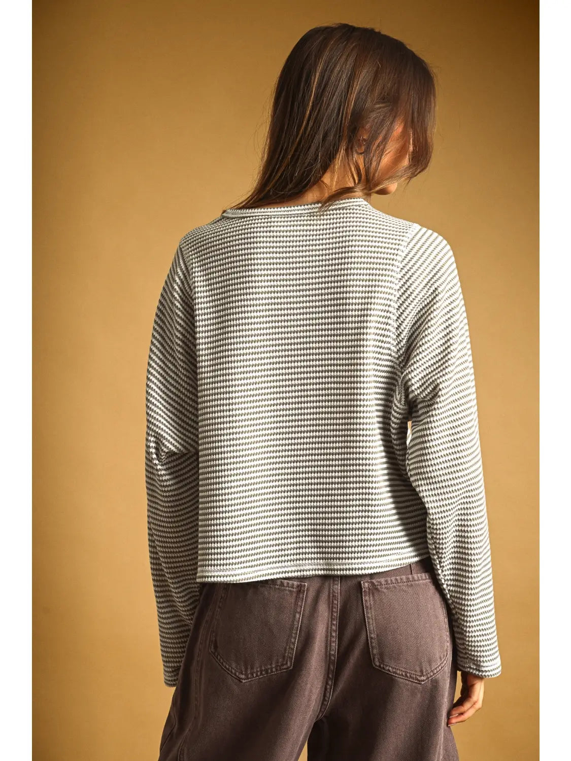 Miou Muse Striped Waffle Long Sleeve Grey
