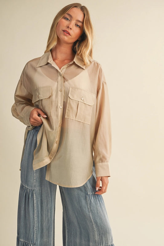Mustard Seed Taupe Sheer Utility Pocket Shirt
