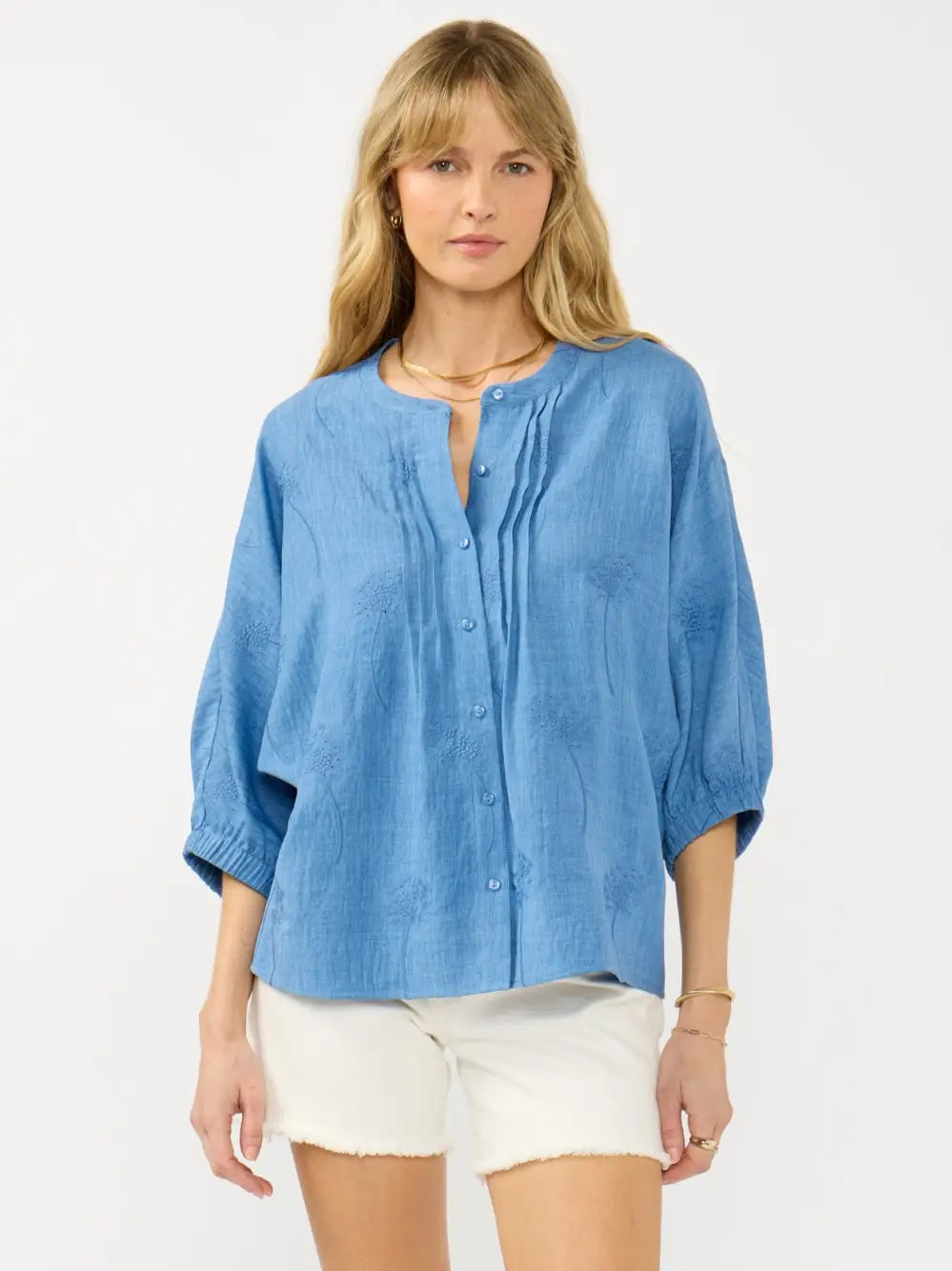 Lovestitch Pintuck Button Down Chambray Blue Top