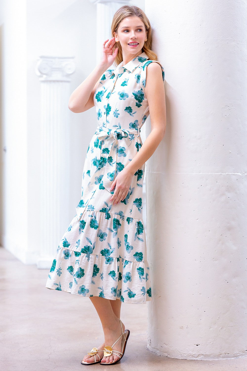 Taelynn Ivory/Turq Floral Print Dress