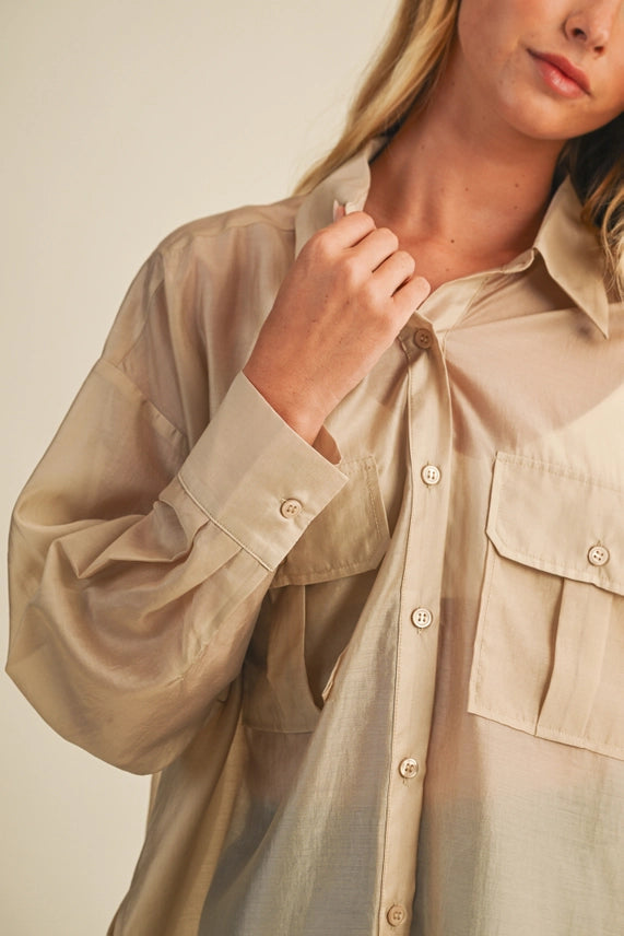 Mustard Seed Taupe Sheer Utility Pocket Shirt - Petticoat Junction