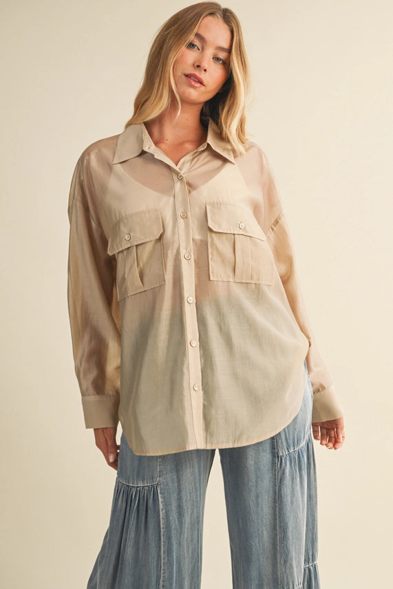 Mustard Seed Taupe Sheer Utility Pocket Shirt - Petticoat Junction