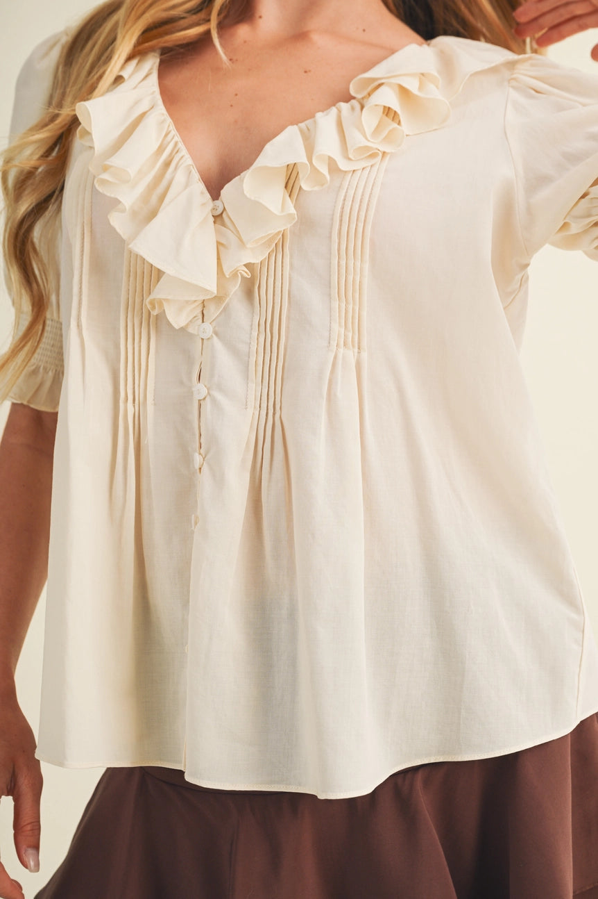Mustard Seed Cream V-Neck Ruffle Pintuck