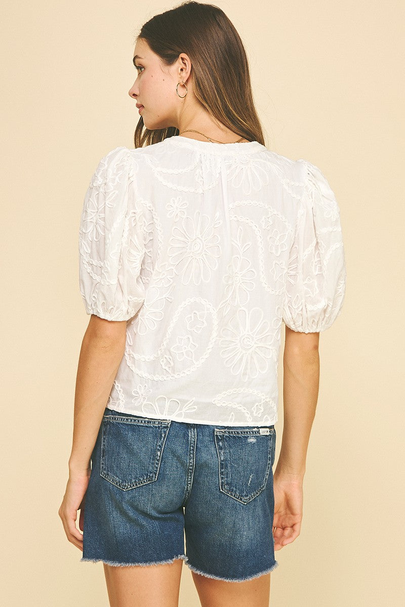 Pinch Floral Embroidered Top White