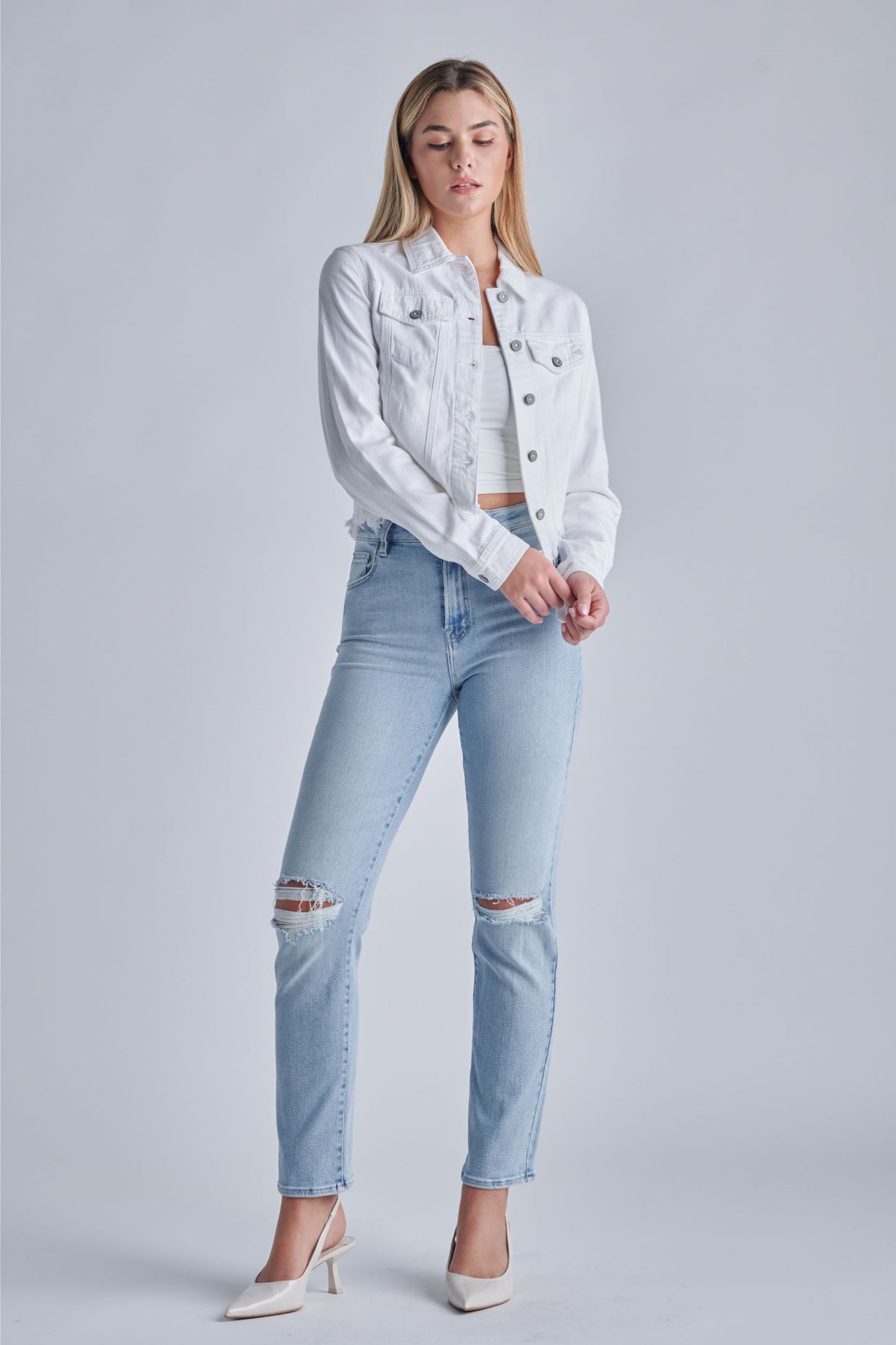 Hidden White Distressed Denim Jacket
