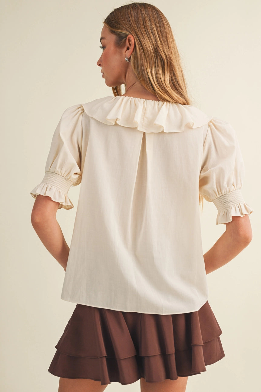 Mustard Seed Cream V-Neck Ruffle Pintuck
