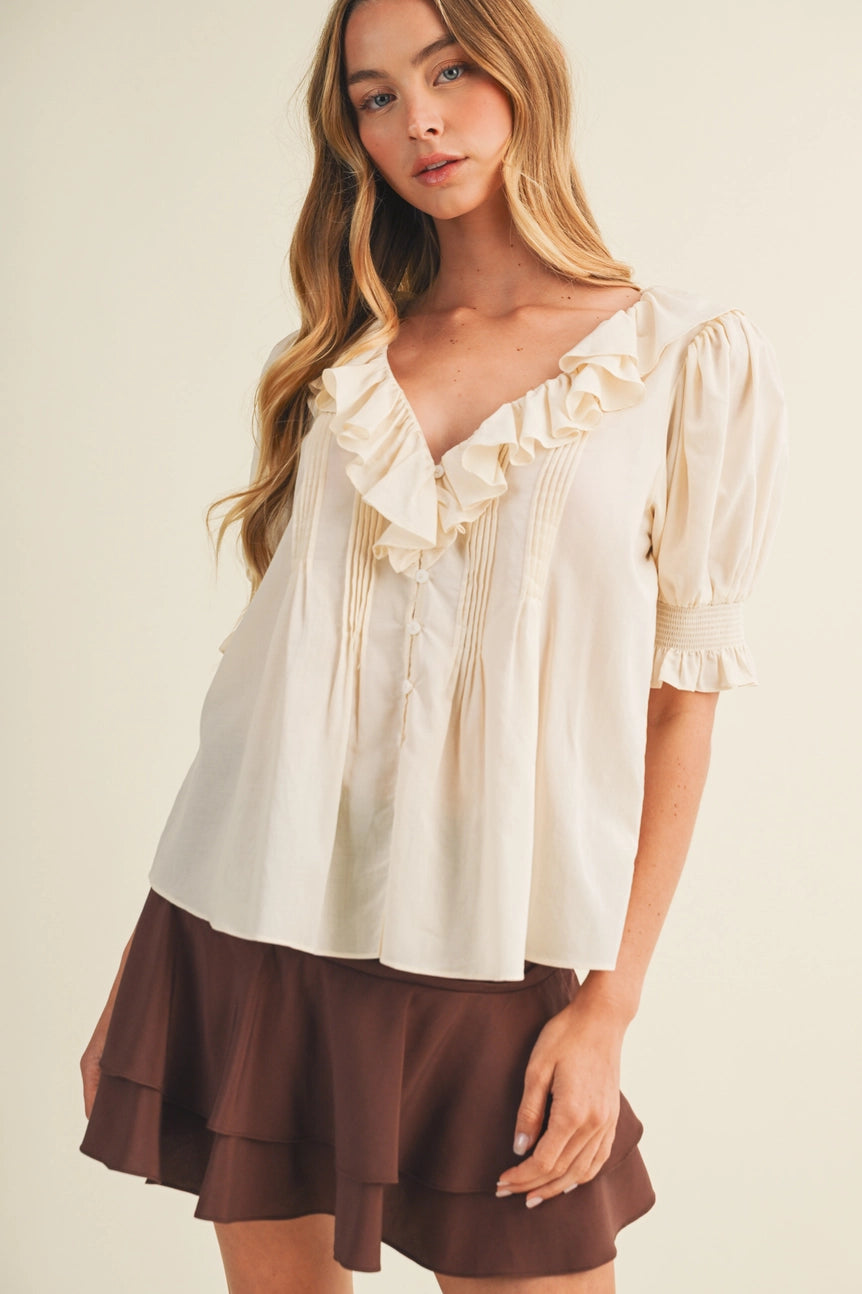 Mustard Seed Cream V-Neck Ruffle Pintuck