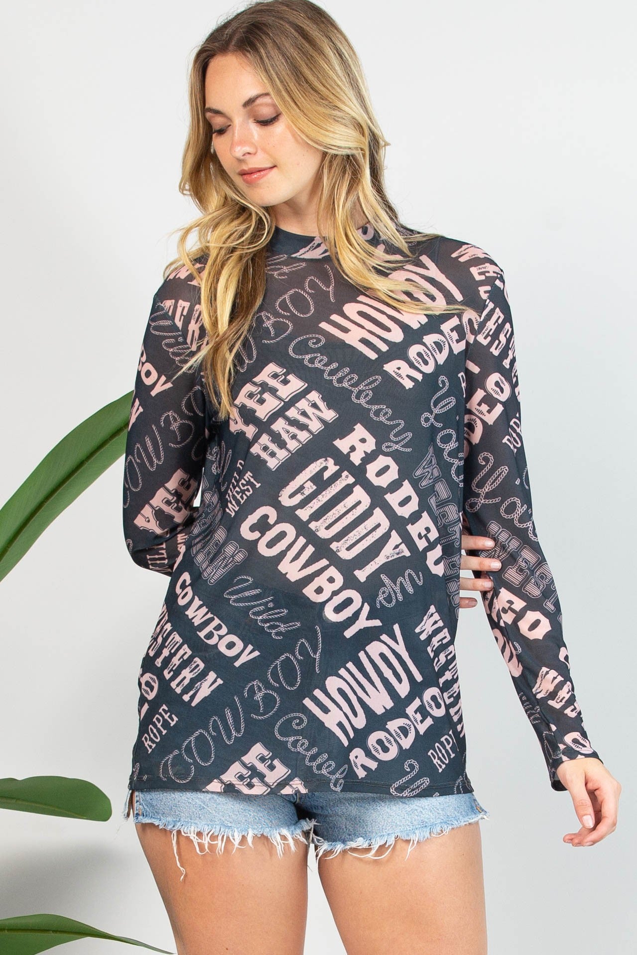 Avery Black/Pink Western Mesh Top