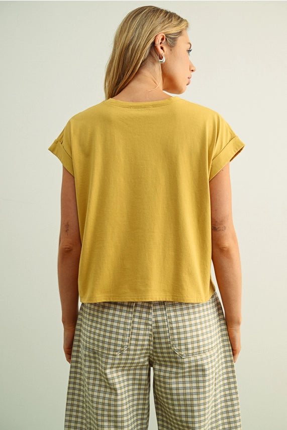 Miou Muse Mustard Cuffed Sleeve Top