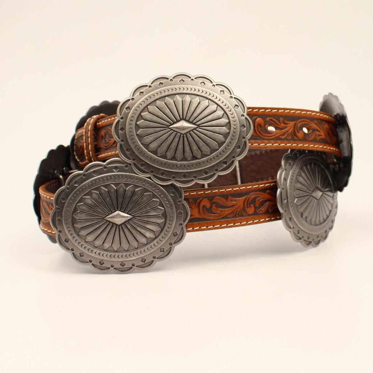 Brown Leather Silver Oval Concho Belt