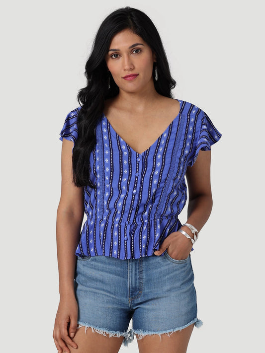Wrangler Blue Flutter Sleeve Top
