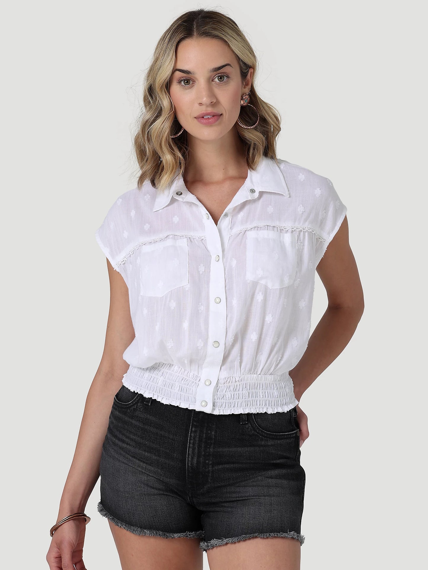 Wrangler White Retro Smocked Blouse