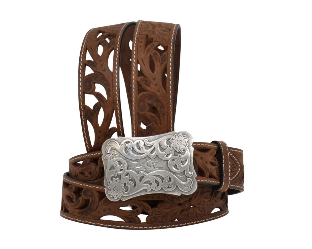 Tan Leather Floral Cutout Belt