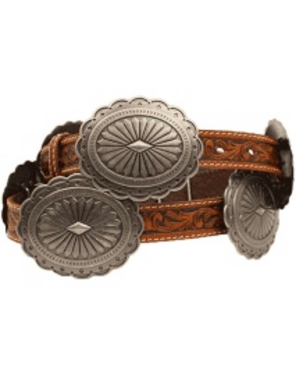 M&F Brown Tooled Concho Belt - Petticoat Junction